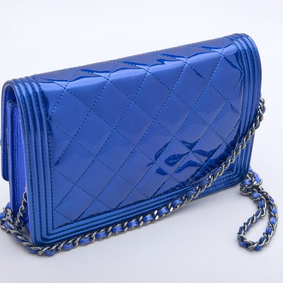 Chanel Bright Blue Boy Patent Leather Wallet On Chain - Picture 3 of 15